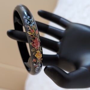 Vintage Black Wooden Bangle Bracelet With Painted Multicolored Floral Bouquet